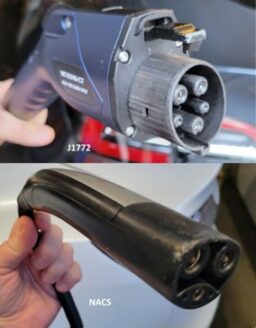 EV charger types - 5-pronged J1772 and 3-pronged NACS.