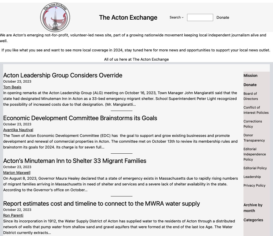 Screenshot of website with logo, title The Acton Exchange, article titles, and the first few lines of each article.